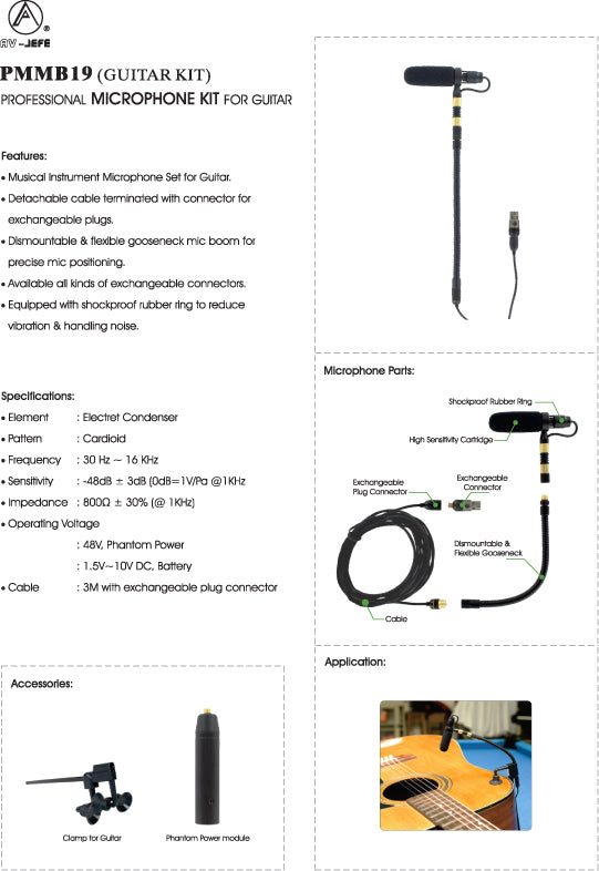 AV-JEFES PMM19B-TA3-GT Guitar Clip-On Musical Instrument Microphone for AKG Wireless Microphone and Phantom Power Input