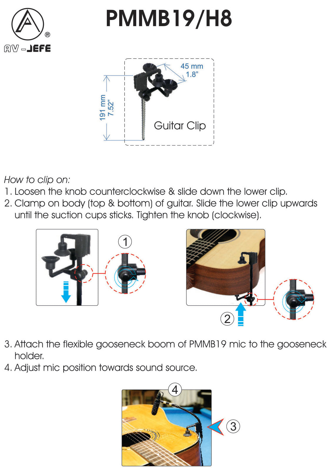AV-JEFES PMM19B-TA3-GT Guitar Clip-On Musical Instrument Microphone for AKG Wireless Microphone and Phantom Power Input