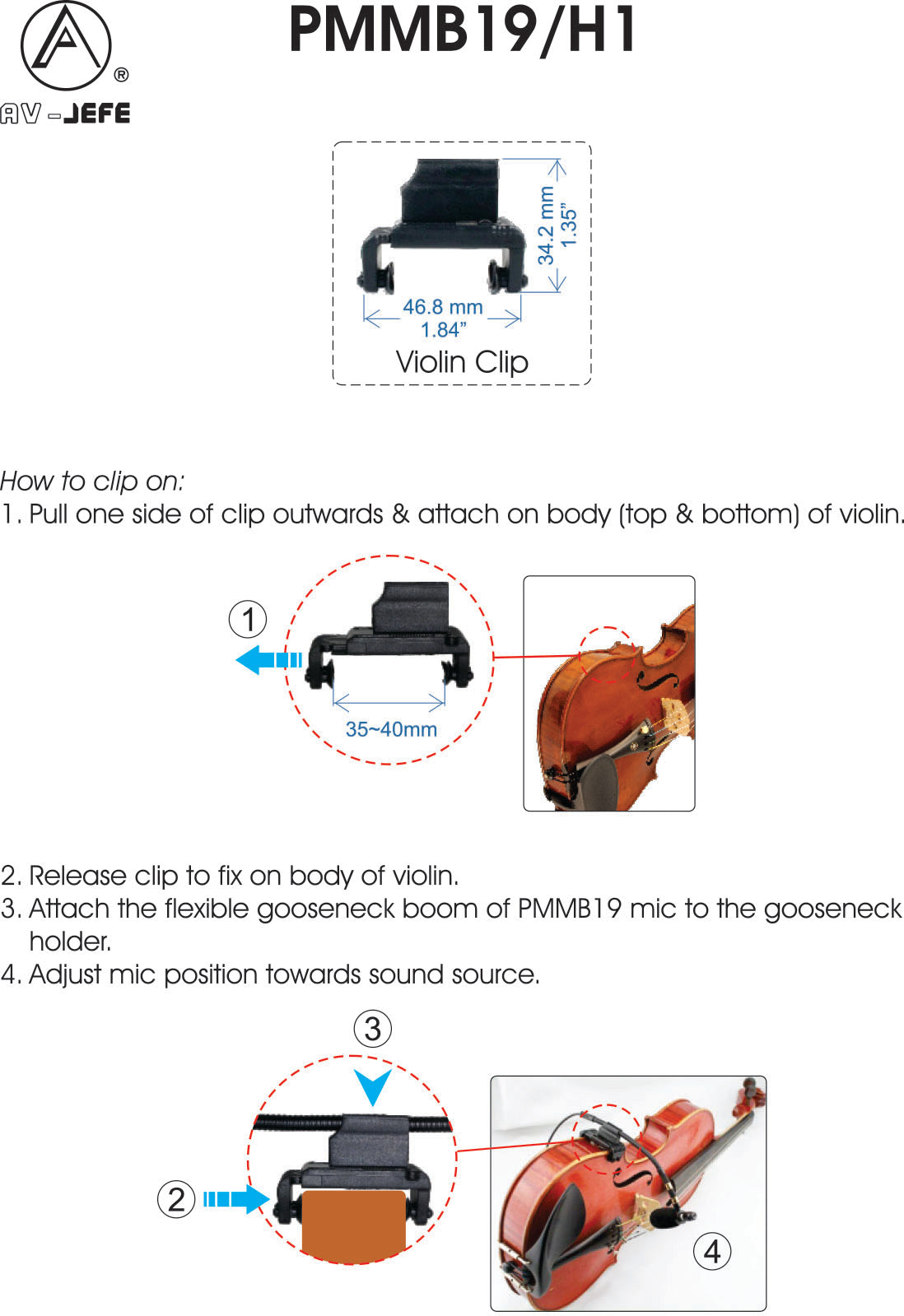 AV-JEFES PMM19B-H4P-VL Violin Clip-On Musical Instrument Microphone for Audio Technica Wireless Microphone and Phantom Power Input