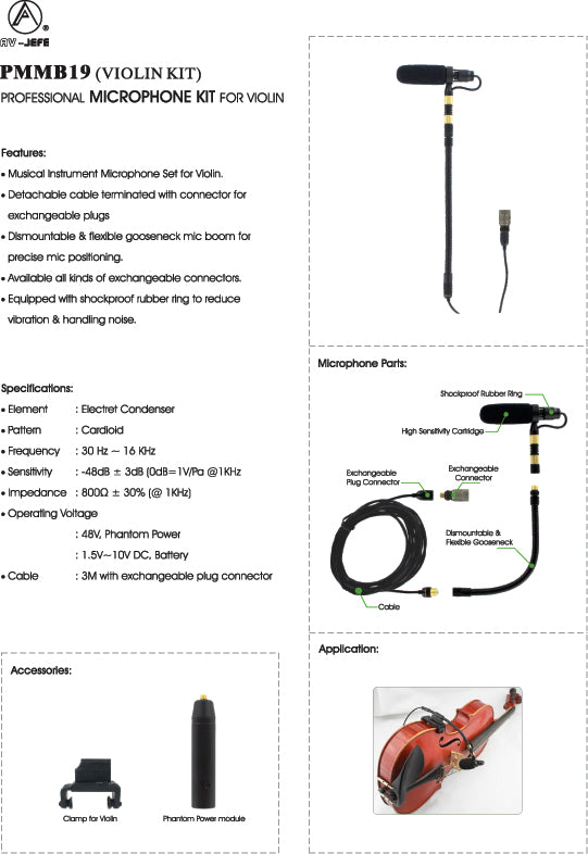 AV-JEFES PMM19B-H4P-VL Violin Clip-On Musical Instrument Microphone for Audio Technica Wireless Microphone and Phantom Power Input