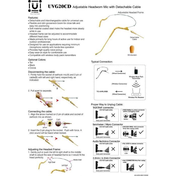 U-Voice UVG20 Tan Color Headset Microphone with Coiled Detachable Cable for Audio Technica