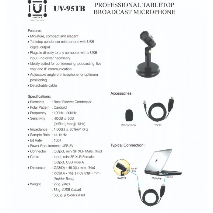 U-Voice UV-95TB USB Mini Condenser Microphone - Tabletop Mic for PC/Laptop, Streaming & Zoom Meetings