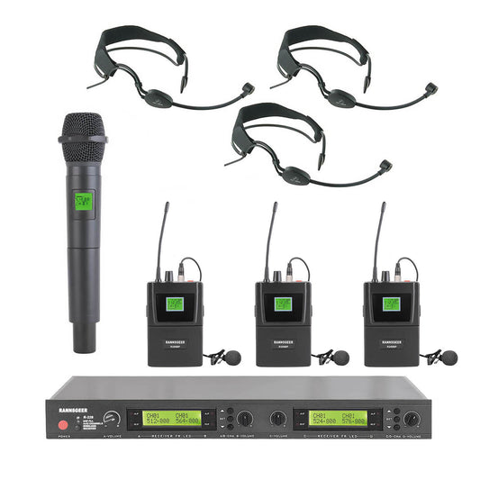 Rannsgeer UHF R288H1HS3 4-Channel Wireless Microphone Combo System w/ 1 Handheld & 3 Headset Mic