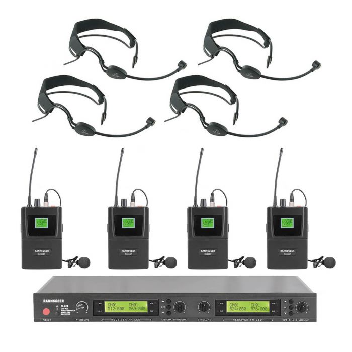 Rannsgeer UHF R288UF 4-Channel Headband Headset & Lapel Wireless Microphone