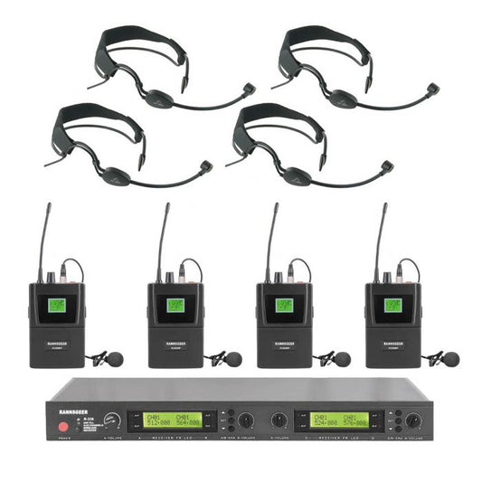 Rannsgeer UHF R288UF 4-Channel Headband Headset & Lapel Wireless Microphone