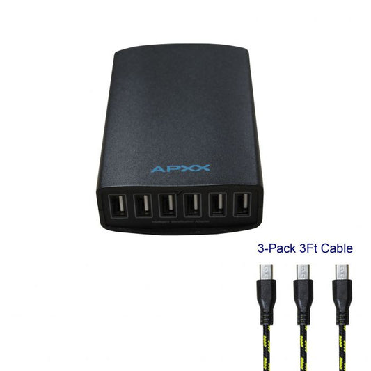 APXX UCA6C-50S 6-port Smart USB Car Charger bundle with 3 Micro USB Cable