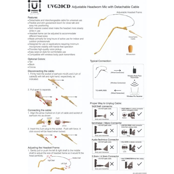 U-Voice UVG20 Tan Color Headset Microphone with Straight Detachable Cable for AKG (Straight Cable)
