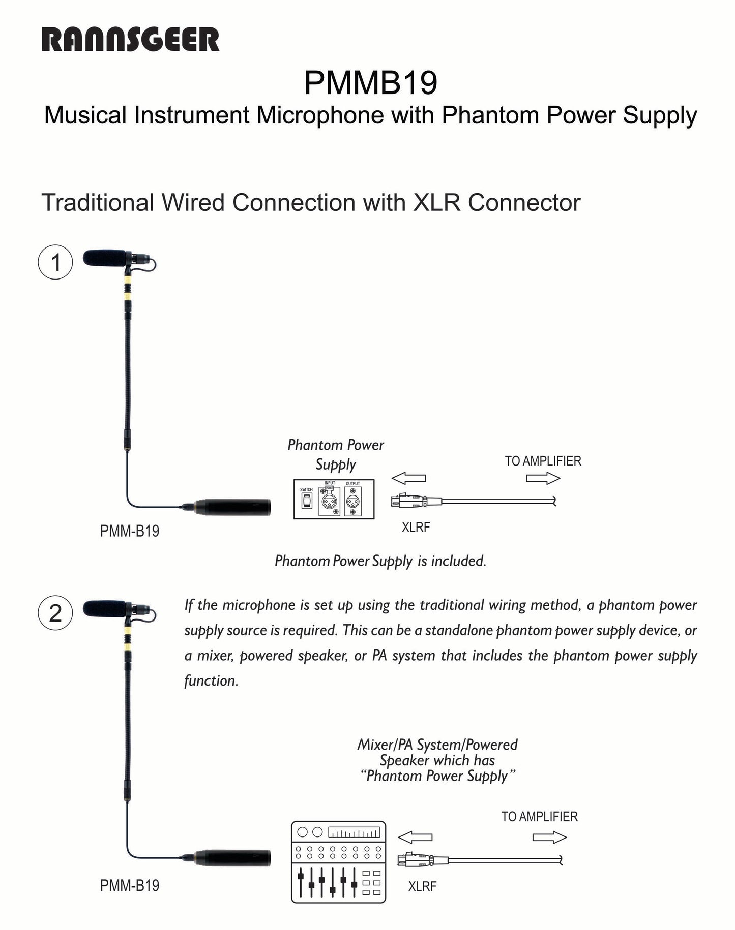 Rannsgeer PMMB19 Cello Microphone Kit with Rechargeable 48V Phantom Power Supply