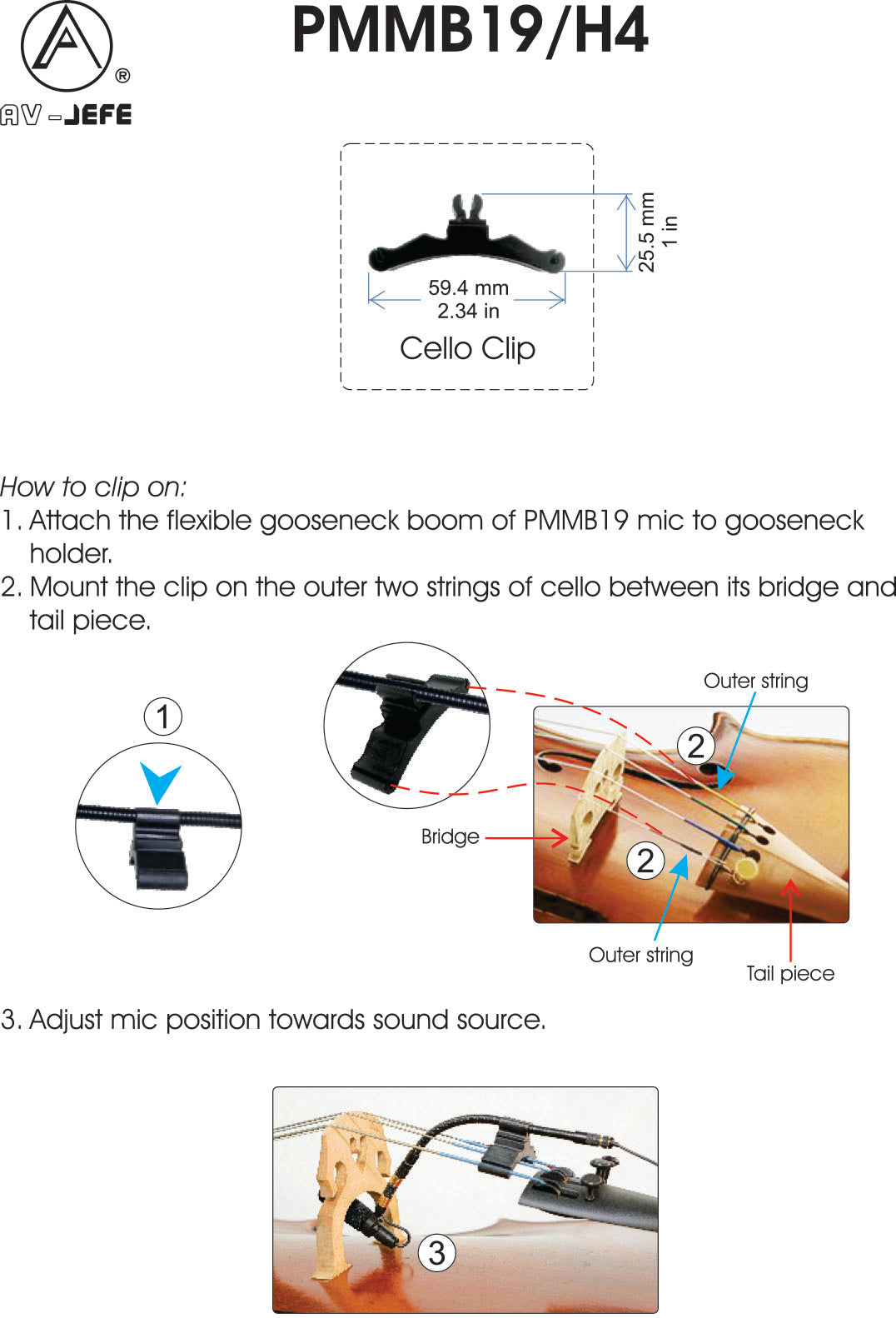 AV-JEFES PMM19B-SH4-CEL Cello Clip-On Musical Instrument Microphone for Shure Wireless Microphone and Phantom Power Input