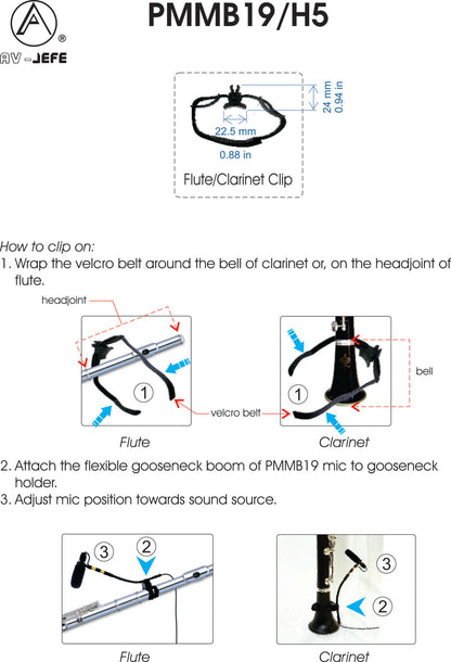 AV-JEFES PMM19B-H4P-CL Clarinet Clip-On Musical Instrument Microphone for Audio Technica Wireless Microphone and Phantom Power Input