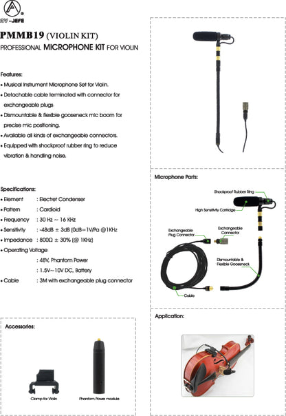 AV-JEFES PMM19B-H4P-VL Violin Clip-On Musical Instrument Microphone for Audio Technica Wireless Microphone and Phantom Power Input