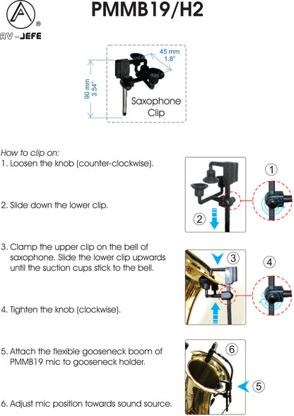 AV-Jefes PMM19B-SH4 Saxophone & Trumpet Microphone - Clip-On Condenser for Shure Wireless & Phantom Power