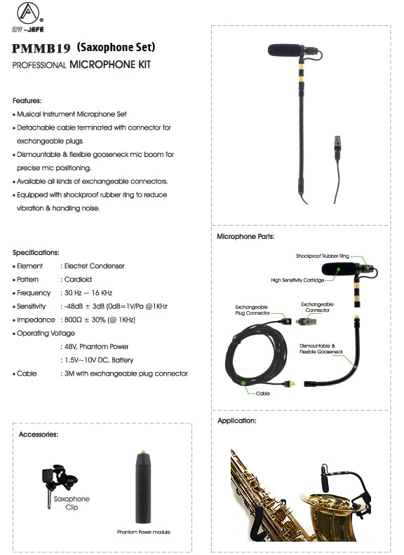 AV-JEFES PMM19B-35LS-SAX Saxophone/Trumpet Clip-On Musical Instrument Microphone for Sennheiser Wireless Microphone and Phantom Power Input