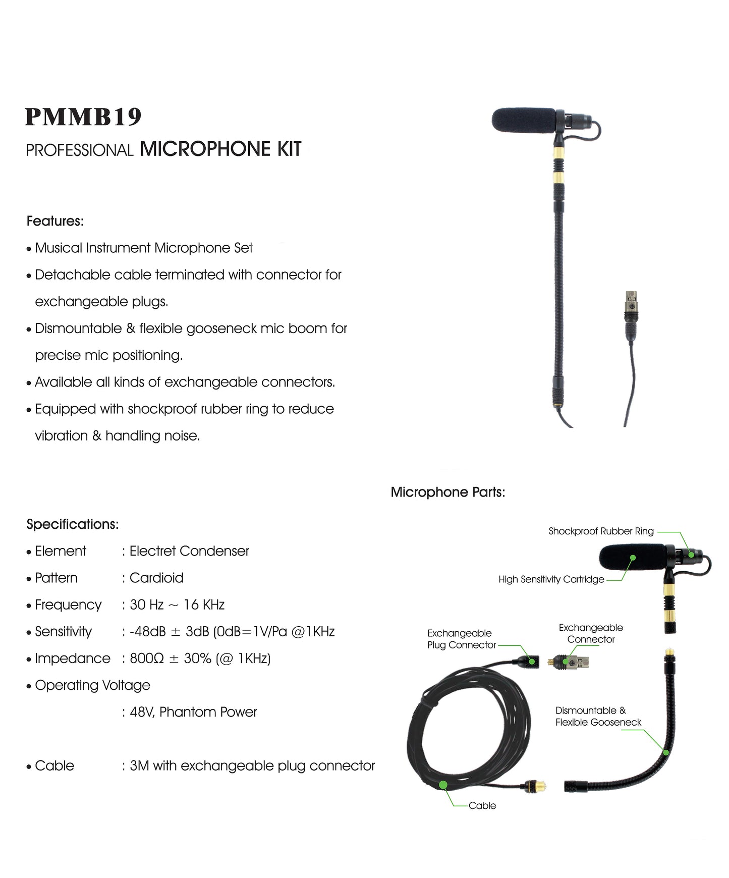 AV-JEFES PMM19B-SH4-CEL Cello Clip-On Musical Instrument Microphone for Shure Wireless Microphone and Phantom Power Input