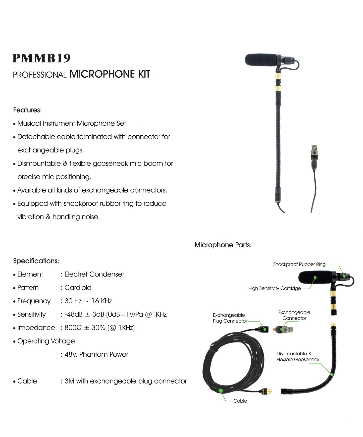 AV-JEFES PMM19B-H4P-CL Clarinet Clip-On Musical Instrument Microphone for Audio Technica Wireless Microphone and Phantom Power Input