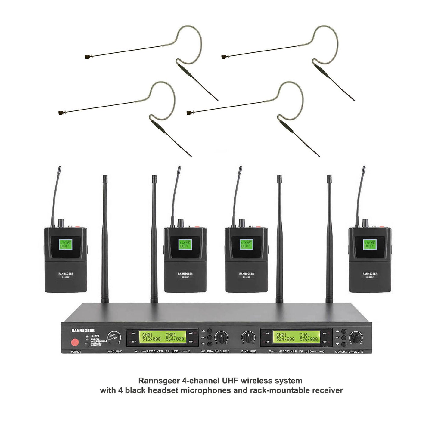 Rannsgeer R288 4-Channel UHF Wireless Microphone System w/Black Mini Headset