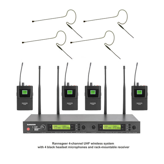 Rannsgeer 4-Channel UHF Wireless Microphone System - 4 Black Headsets