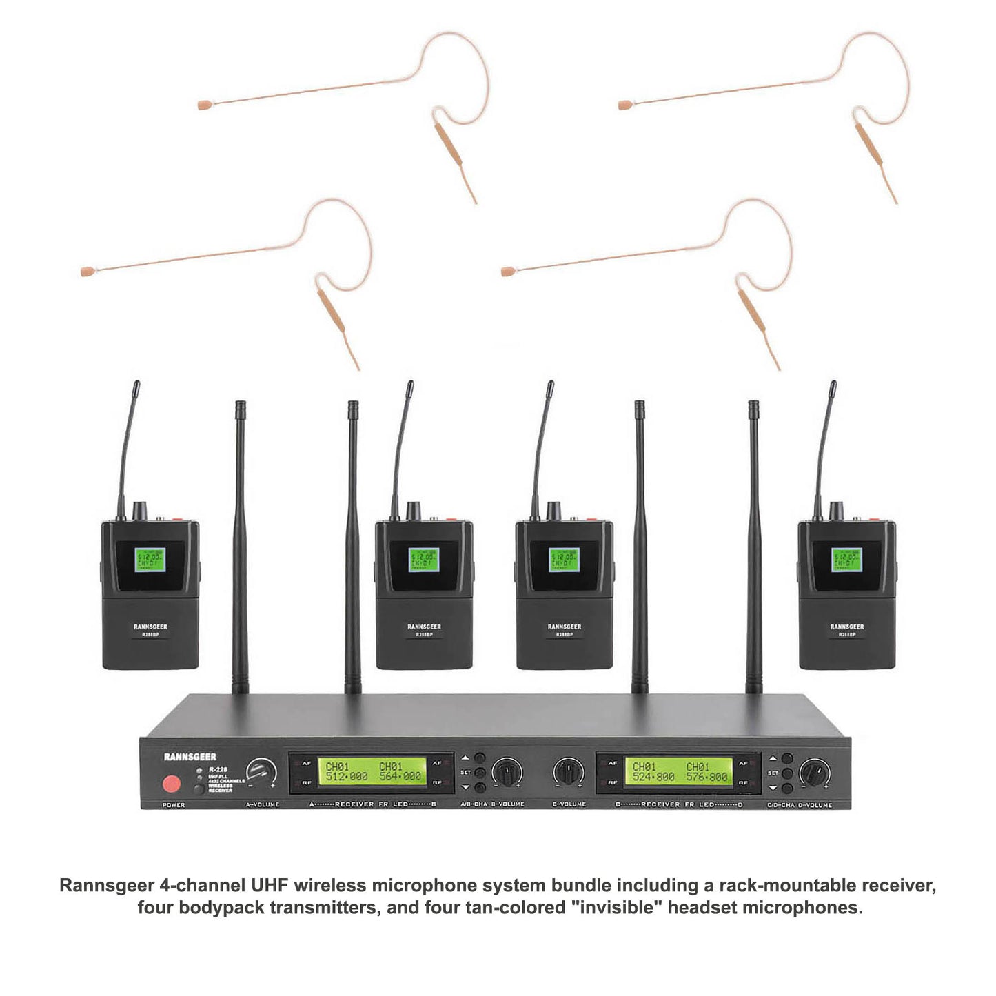 Rannsgeer 4-Channel UHF Wireless Microphone System - 4 Tan Headsets