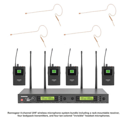 Rannsgeer R288 UHF 4-Channel Wireless Microphone System - 128 Frequencies, 300ft Range, Rack-Mountable Receiver with 4 Tan Mini Headset Mics