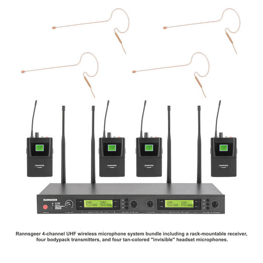 Rannsgeer UHF Wireless Microphone System: 4-Channel, 128 Selectable Frequencies with Tan Headsets