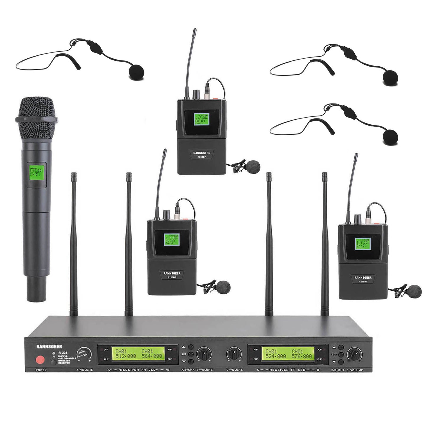 Rannsgeer 4-Channel Wireless Microphone System - UHF 128 Selectable Frequencies with 1 Handheld & 3 Headset Mics