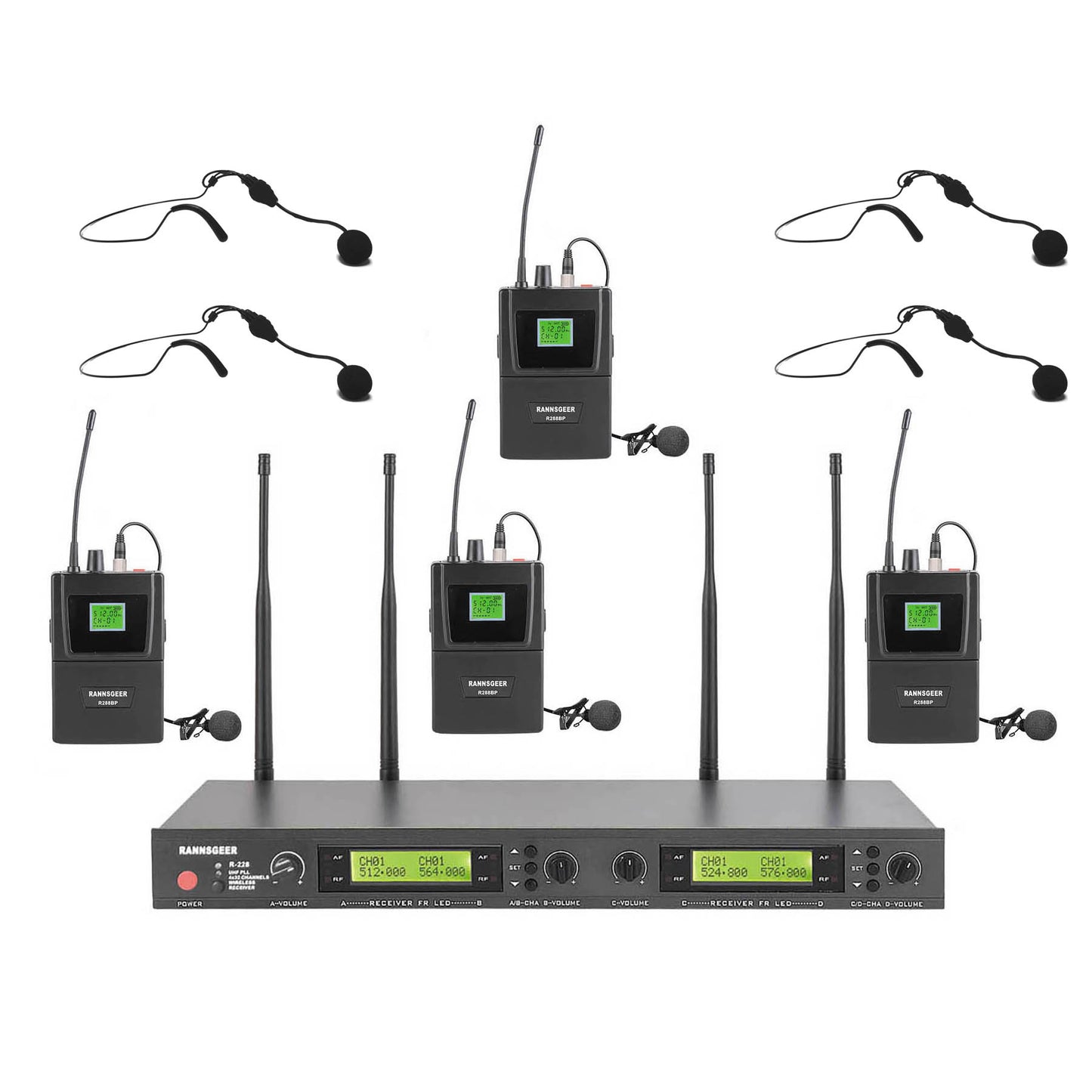 Rannsgeer 4-Channel UHF Wireless Microphone System - 128 Selectable Frequencies, Rackmountable Receiver with 4 Headsets and 4 Lapel Mics