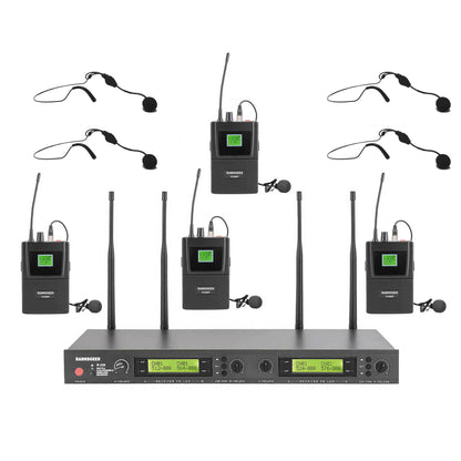 Rannsgeer 4-Channel UHF Wireless Microphone System - 128 Selectable Frequencies, Rackmountable Receiver with 4 Headsets and 4 Lapel Mics