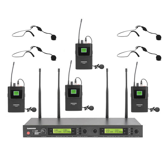 Rannsgeer 4-Channel UHF Wireless Microphone System - 128 Selectable Frequencies, Rackmountable Receiver with 4 Headsets and 4 Lapel Mics