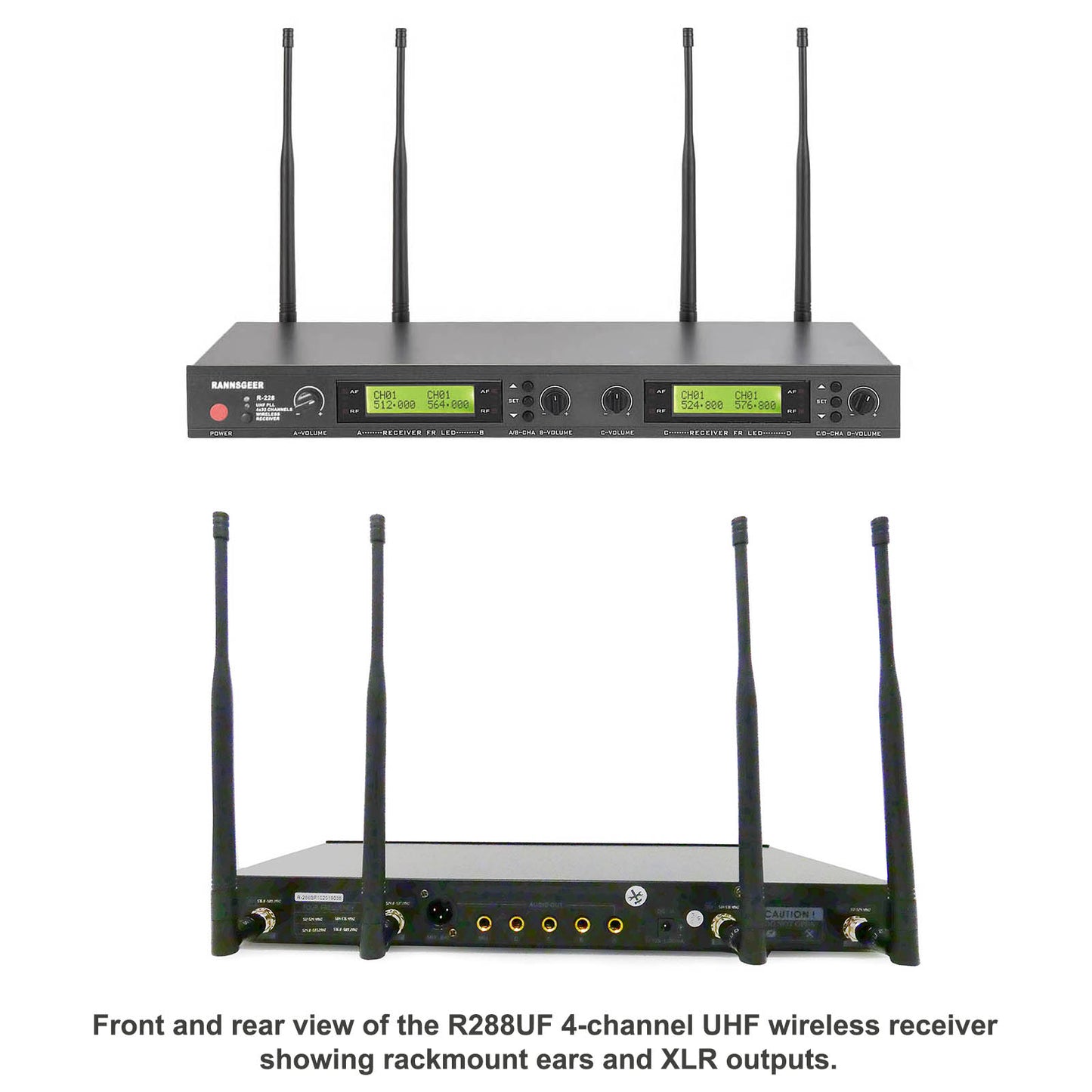 Rannsgeer R288UF 4-Channel UHF Wireless Microphone System with 4 Headsets & 4 Lapel Mics