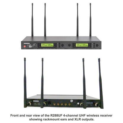 Rannsgeer 4-Channel UHF Wireless Microphone System - 128 Selectable Frequencies, Rackmountable Receiver with 4 Headsets and 4 Lapel Mics