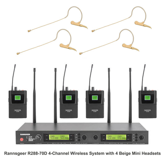 Rannsgeer R288-70D 4-Channel UHF Wireless Microphone System with 4 Beige Mini Headset Mics