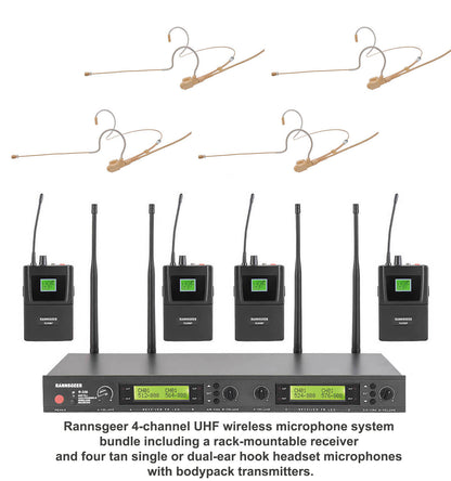 Rannsgeer 4-Channel UHF Wireless Microphone System - 4 Tan Dual-Ear Headsets