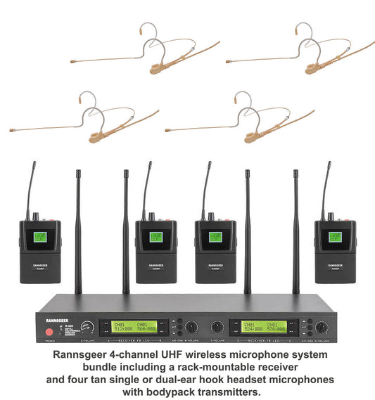 Rannsgeer 4-Channel UHF Wireless Microphone System - 4 Tan Dual-Ear Headsets