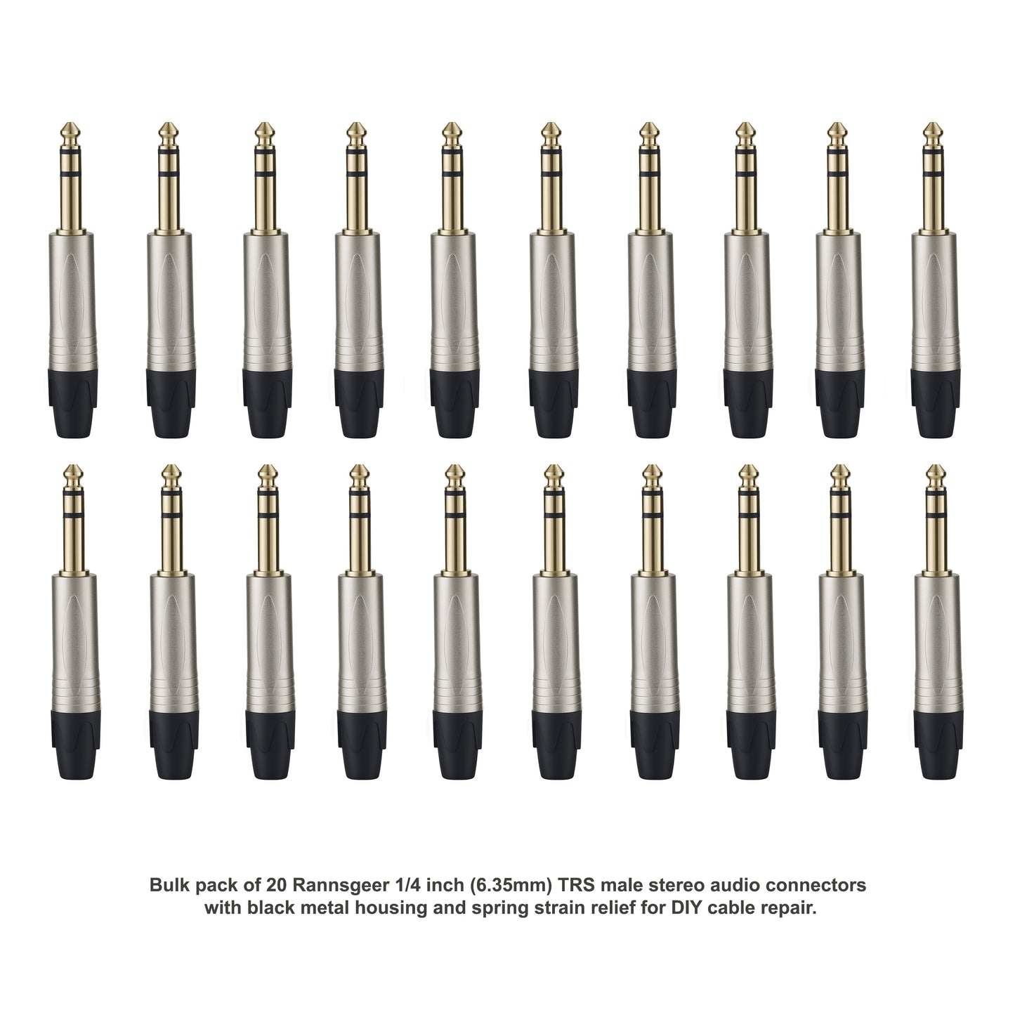 Rannsgeer 20-Pack 1/4" (6.35mm) TRS Stereo Audio Connectors, DIY Solder-Type Male Plug for Custom Patch Cables & Repair - Black