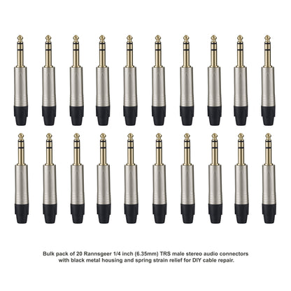 Rannsgeer 20-Pack 1/4" (6.35mm) TRS Stereo Audio Connectors, DIY Solder-Type Male Plug for Custom Patch Cables & Repair - Black