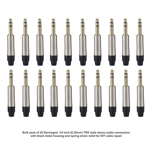 Rannsgeer 20-Pack 1/4" (6.35mm) TRS Stereo Audio Connectors, DIY Solder-Type Male Plug for Custom Patch Cables & Repair - Black