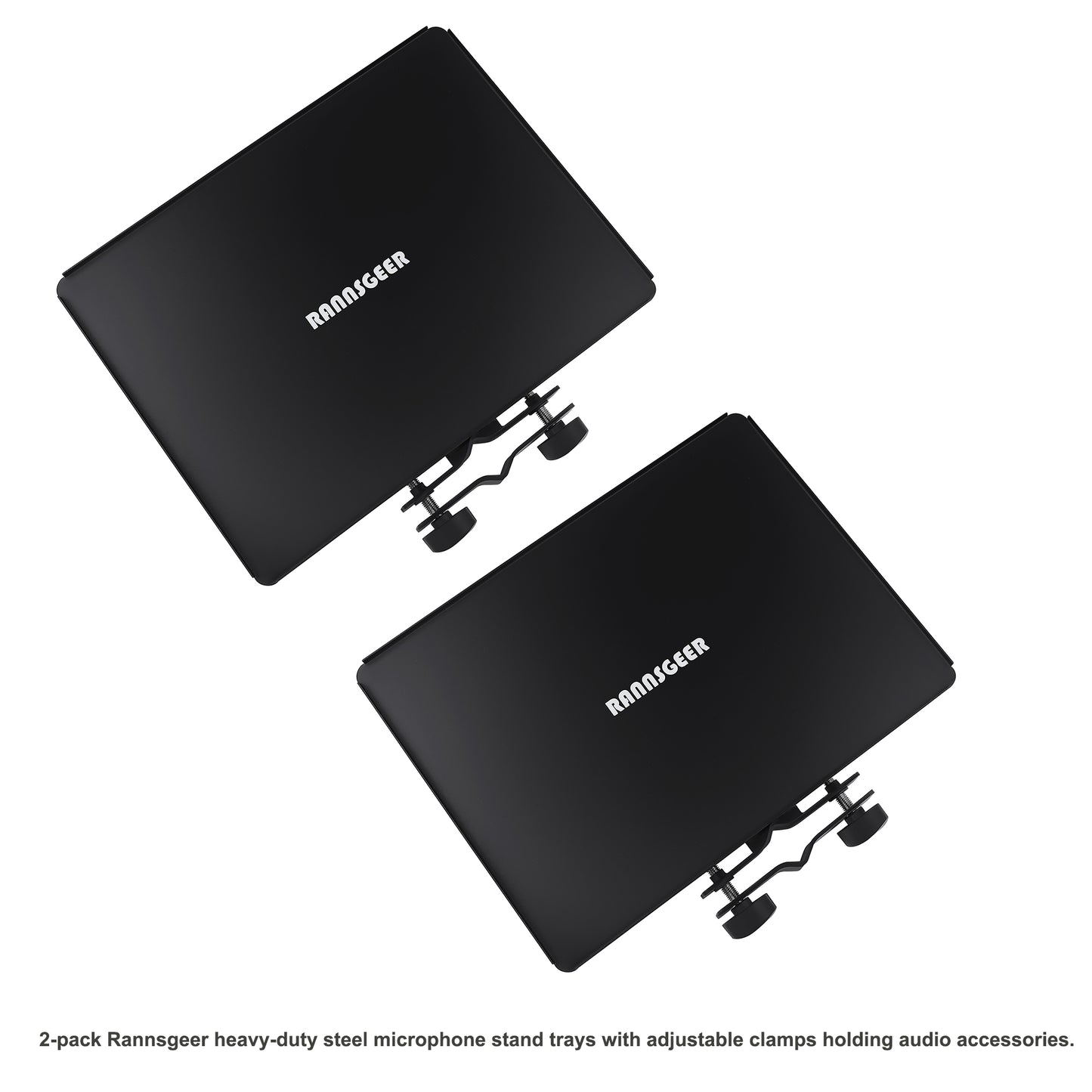 Rannsgeer 2-Pack Microphone Stand Tray - 12.8" x 9.8" Heavy Duty Steel Utility Shelf with Clamp for Music Stands & Speaker Poles