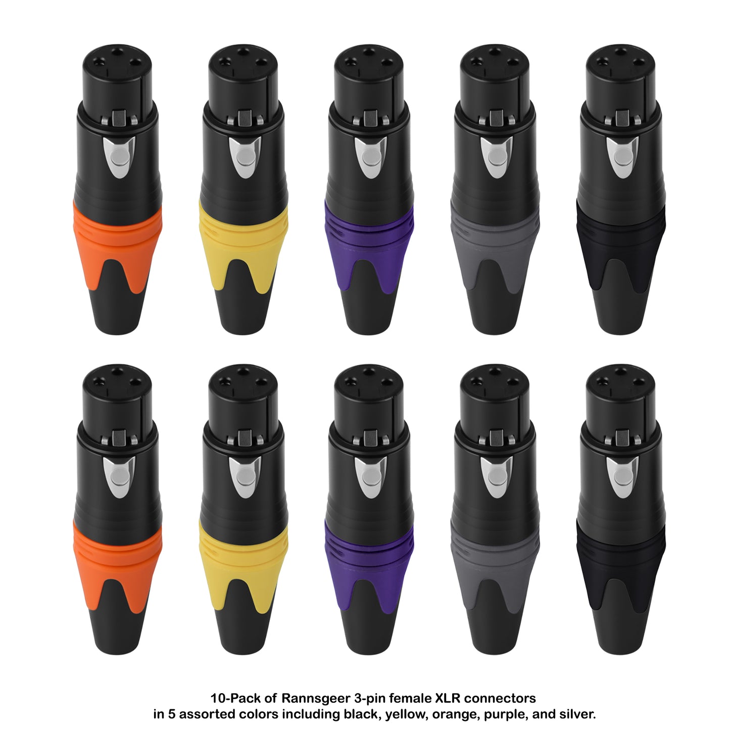 Rannsgeer 10-Pack Female XLR Connectors - 3-Pin Audio Jack for DIY Microphone Cables - 5 Assorted Colors