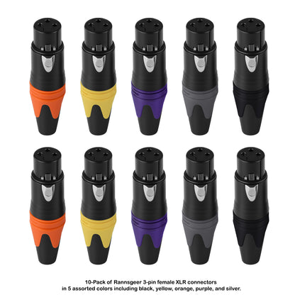 Rannsgeer 10-Pack Female XLR Connectors - 3-Pin Audio Jack for DIY Microphone Cables - 5 Assorted Colors