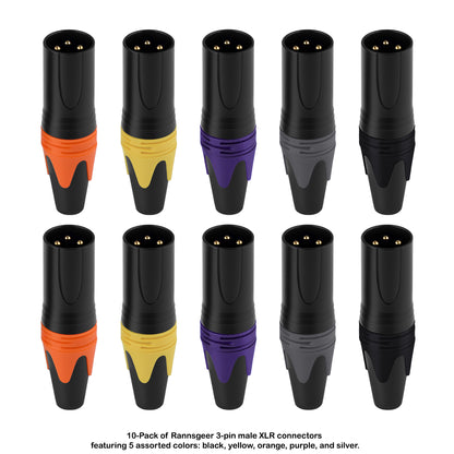 Rannsgeer 10-Pack Male XLR Connectors - 3-Pin Pro Audio Plugs for DIY Cables - 5 Assorted Colors