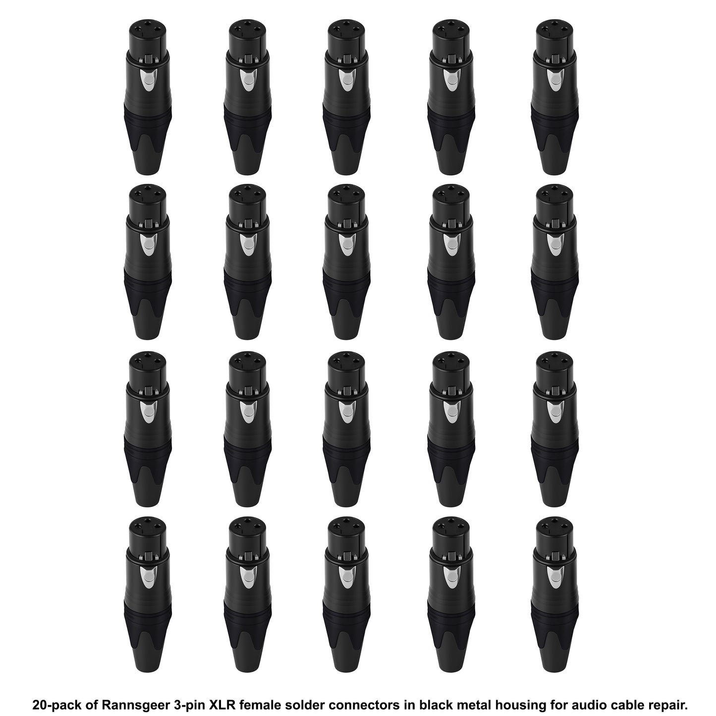 Rannsgeer 20-Pack 3-Pin XLR Female Connectors - DIY Solder Type Audio Jack (Black)