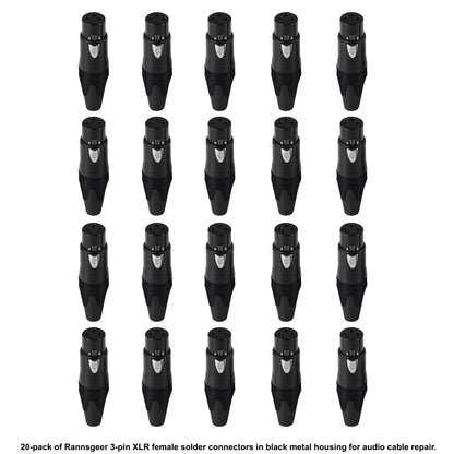 Rannsgeer 20-Pack 3-Pin XLR Female Connectors - DIY Solder Type Audio Jack (Black)