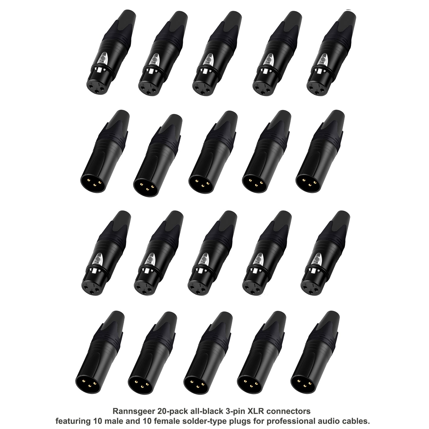 Rannsgeer 20-Pack Black 3-Pin XLR Connectors (10 Pairs) - Solder Type Male & Female Audio Plugs
