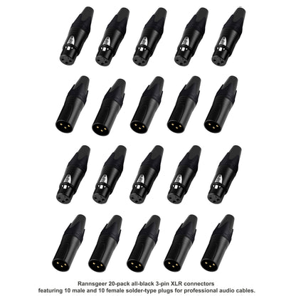 Rannsgeer 20-Pack Black 3-Pin XLR Connectors (10 Pairs) - Solder Type Male & Female Audio Plugs