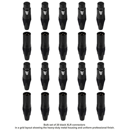 Rannsgeer 20-Pack Black 3-Pin XLR Connectors (10 Pairs) - Solder Type Male & Female Audio Plugs