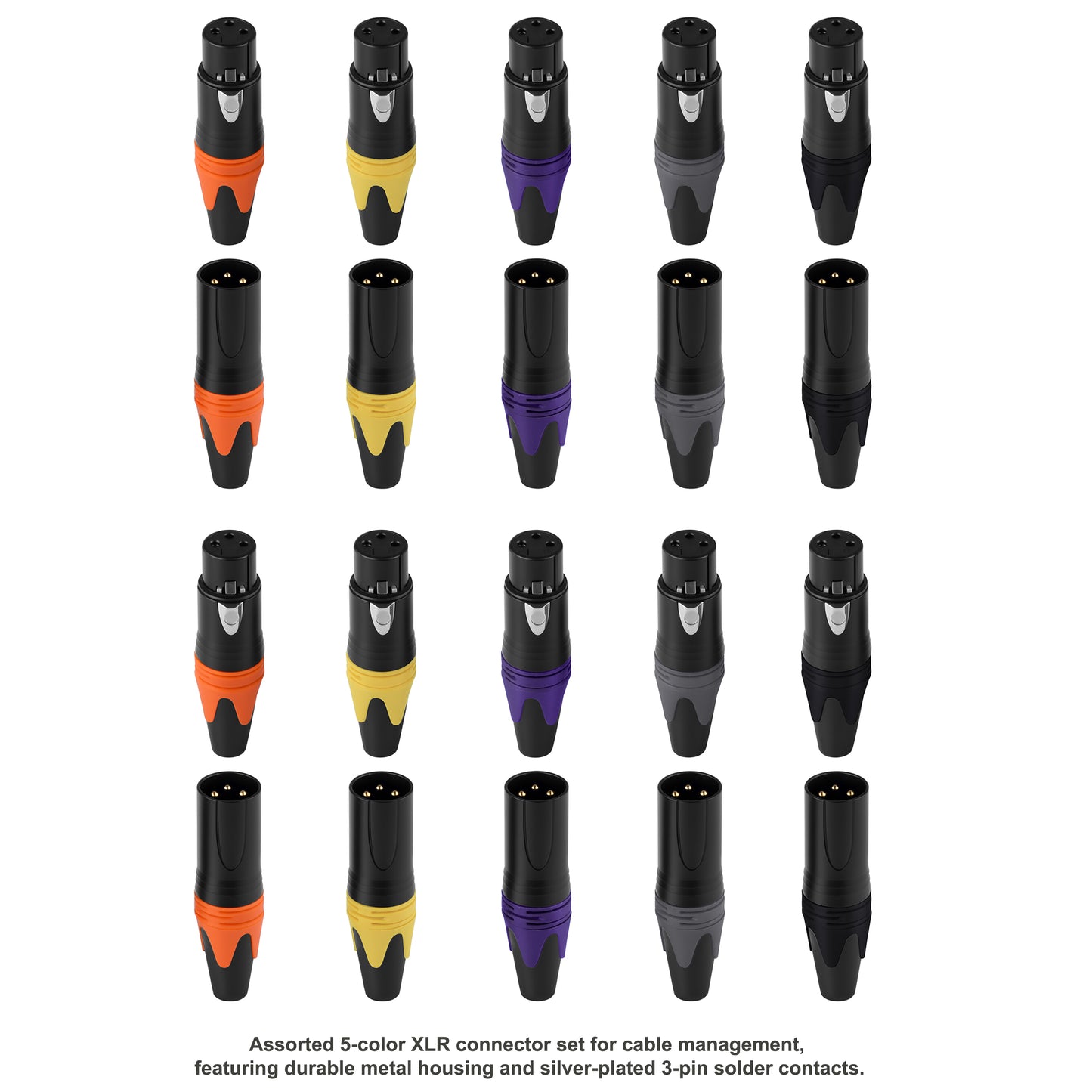 Rannsgeer 20-Pack Multi-Color XLR Connectors (10 Pairs) - 5 Colors Solder Type 3-Pin Male & Female Set