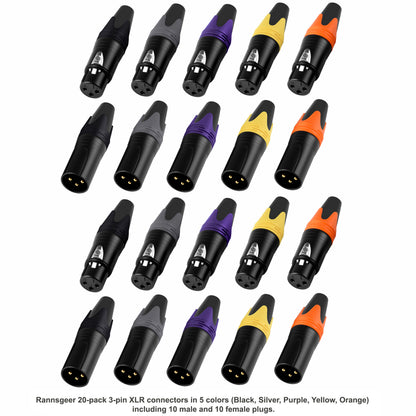 Rannsgeer 20-Pack Multi-Color XLR Connectors (10 Pairs) - 5 Colors Solder Type 3-Pin Male & Female Set