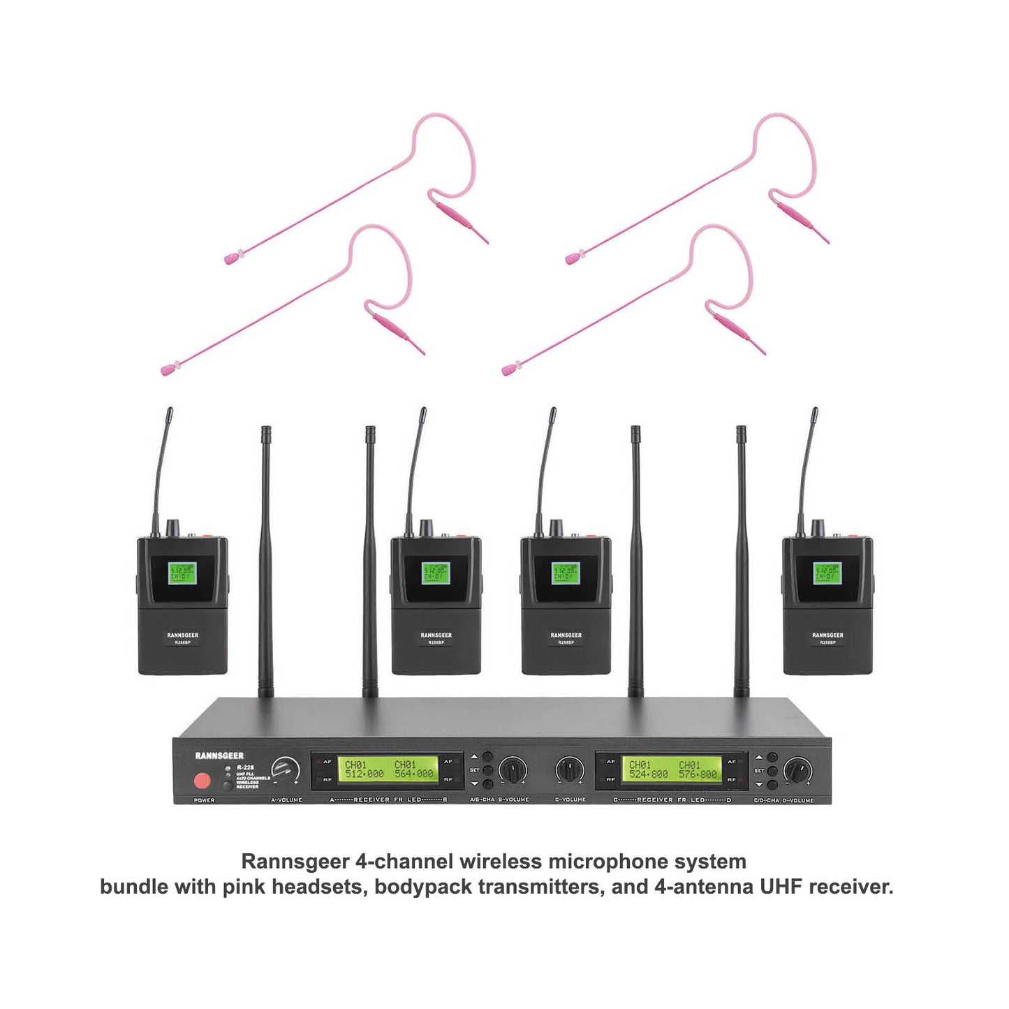 Rannsgeer 4-Channel UHF Wireless Microphone System - 4 Pink Headsets