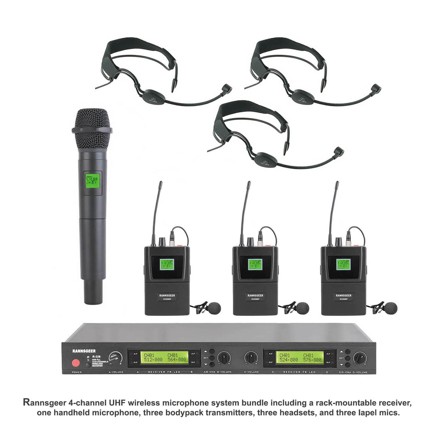 Rannsgeer 4-Channel Wireless Microphone System - UHF 128 Selectable Frequencies with 1 Handheld & 3 Headset Mics