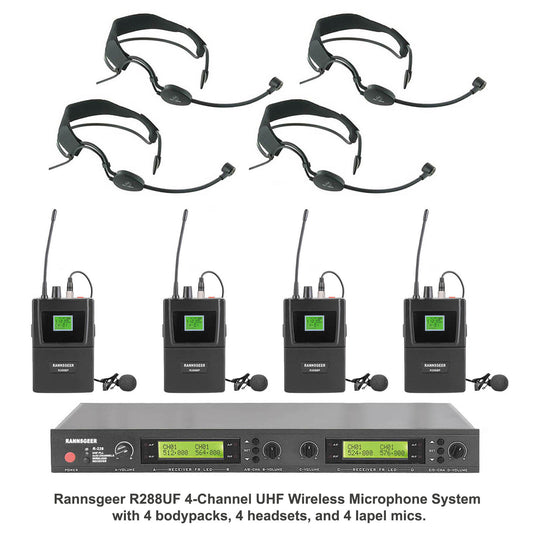 Rannsgeer R288UF 4-Channel UHF Wireless Microphone System with 4 Headsets & 4 Lapel Mics